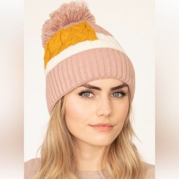 COLOR BLOCK MAUVE FLEECE LINED BEANIE HAT-NEW - Picture 2 of 3